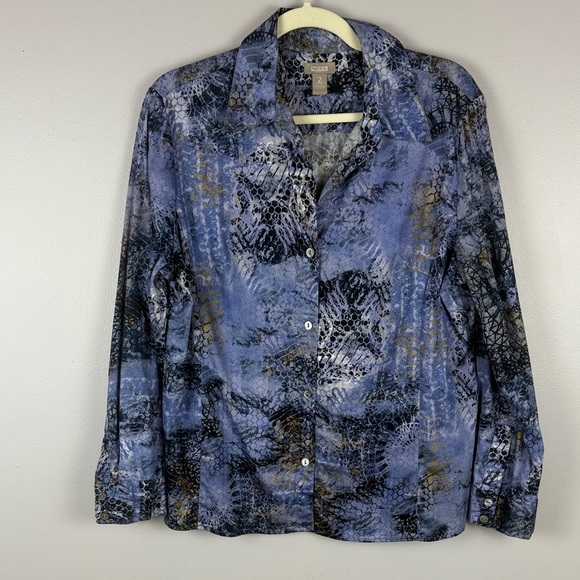 Chico's Chic Blue Black & Gray Bold Abstract Animal Inspired Button Down Blouse - Picture 2 of 10